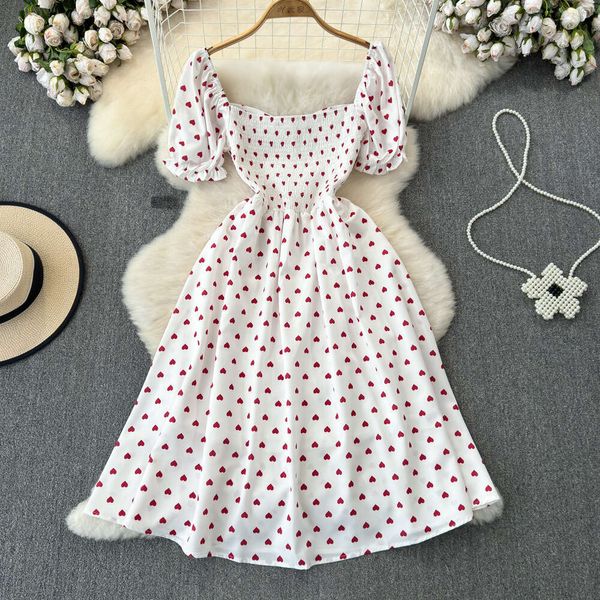 Kikyo Lady's First Love Gentle Lady a24 Short Sleeve Square Neck Waist Tightening Split A-line Heart Printed Dress