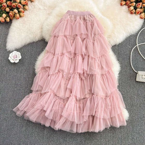 2026 Fashion Mesh Fluffy Cake Medium Long Elegant Elastic Waist Asymmetric a18 Gaul Skirt Fairy Style