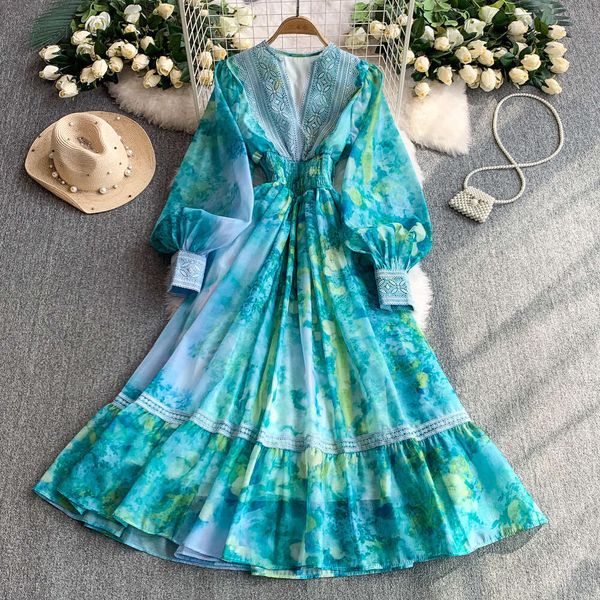 Women's cross-border French elegant lace patchwork a27 V-neck lantern sleeve dress with summer print waistband