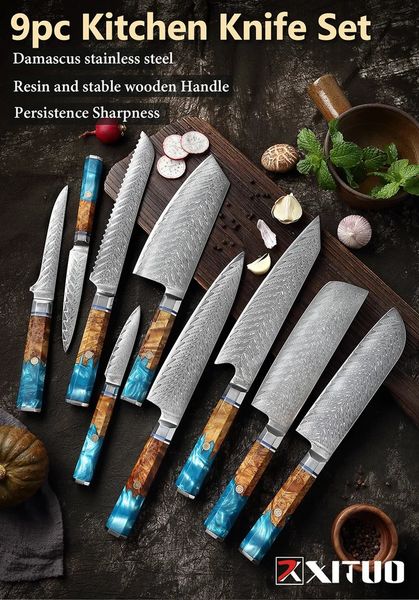 XITUO Damascus Steel Knife Set 1-9PCS Japanese Chef Knife Santoku Bread Utility Boning Knives-Ultra Sharp Octagonal Handle 260304