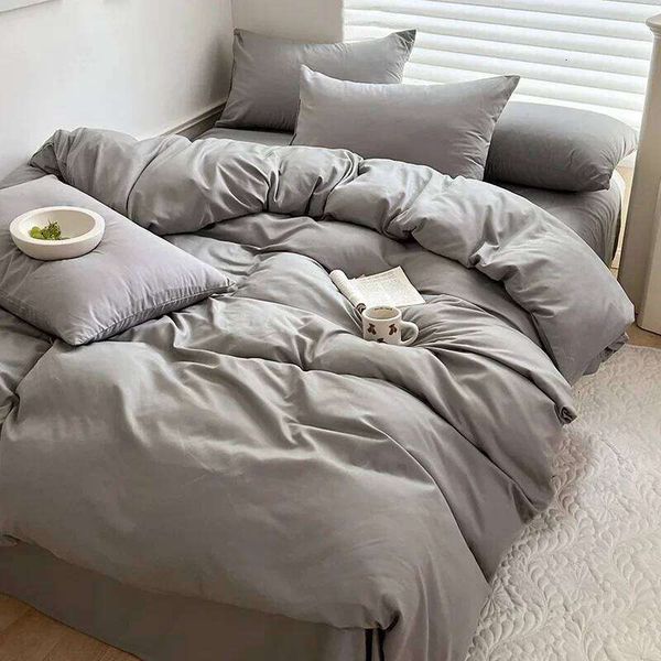 Solid Bed Linen Cotton Bedding Set with Sheet Duvet Cover Pillowcase Single Couple Bedsheet King Queen Double Twin Size H260312