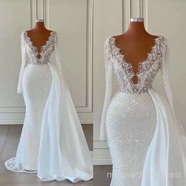 Modern White Sequines Beaded Glitter Mermaid Wedding Dresses Overskirts Long Sleeves Boho Garden Bridal Gowns Sexy V Neck Sweep Train Bride Robes de Mariee J24