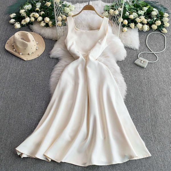a20 Designer French high-end satin elegant square neck women's sleeveless dress summer waist cinching slim fit long dress