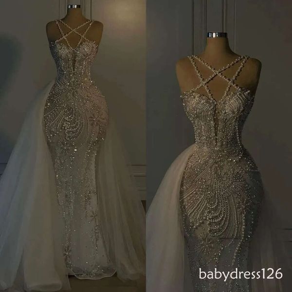 Luxurious Mermaid Wedding Dresses Cross Neck Crystal Pearls Bride Dress Sweep Train Robe De Mariee Bridal Gowns BC1