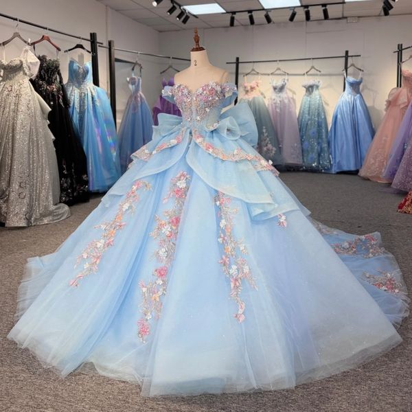 Sky Blue Shiny Ball Gown Quinceanera Dresses 2026 Applique Flower Beading Crystal Bow Tull Off Shoulder Sweet 16 Dress Years Vestidos 15 De Anos