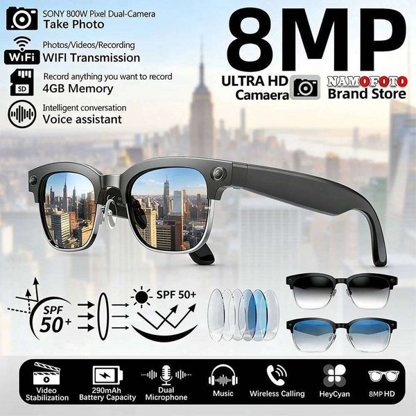 2026 New AI Translation Smart Glasses 4Gb 8Mp Camera 1080P Video Recording Photo Recognition BT Call Music Men Women Sunglasses
