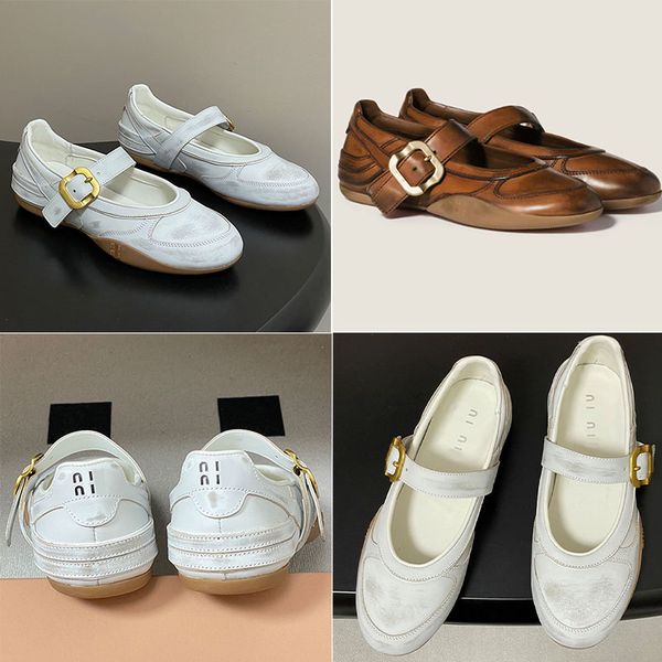 Women Gymnasium Mary Jane Sneakers Gymnasium leather ballerinas with strap buckle retro bleached leather Ballerina Flats Fashion Runway Miss Chic ballet flat 5F68