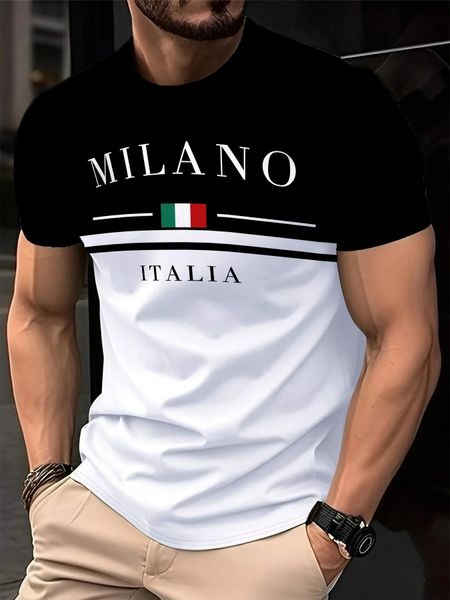 Italia Milano Letter Pattern 3D Prited Men's Tshirts Short Sleeve Casual Tops Oneck Tshirt Boys Loose Streetwear