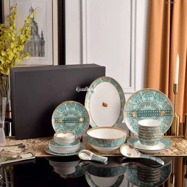European bone china 32 piece cutlery set - luxurious retro bowls, plates, and spoons with glazed bone china cutlery