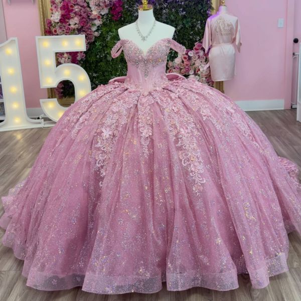 Pink Shiny Ball Gown Quinceanera Dresses 2026 Applique Flower Beading Crystal Bow Corset Tull Off Shoulder Sweet 16 Dress Vestidos 15 De Anos