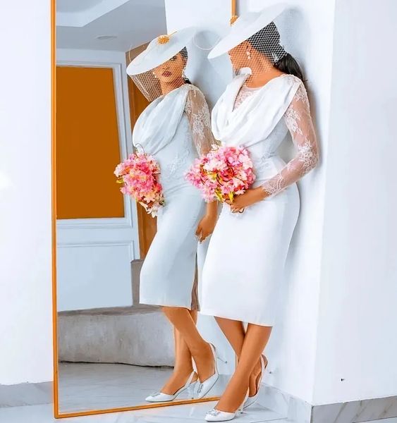 Elegant Sheath Tea Length Civil Wedding Dresses Long Sleeves White Corset Bridal Gowns Lace Appliques African Black Girls Reception Dress