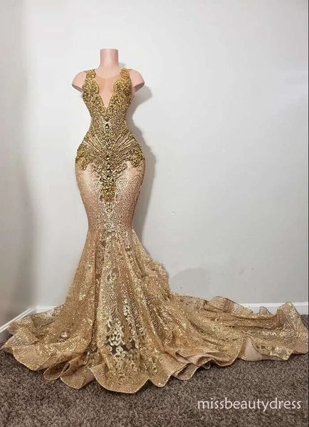 Gold Champagne Sparkly African Evening Dresses for Women Diamond Crystal Prom Gowns - Pageant Queen Vestidos de Gala Mujer N10