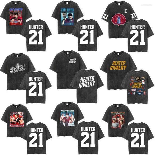 Men's T Shirts Vintage Washed Heated Rivalry ScoHunter 21 Graphic T-shirts Men Women Clothing Harajuku Oversized Short Sleeves Tops
