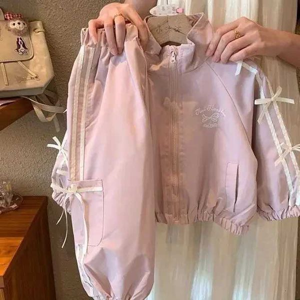 Korean-Style Girls 2-Piece Set - Bow Detail Jacket Casual P…