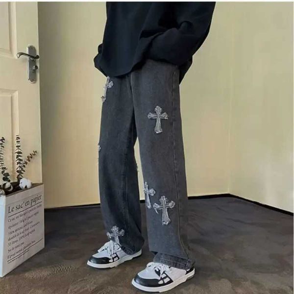 Cross Embroidery Y2K Jeans Mens Straight Denim Pants Casual Vintage Jeans Versa…