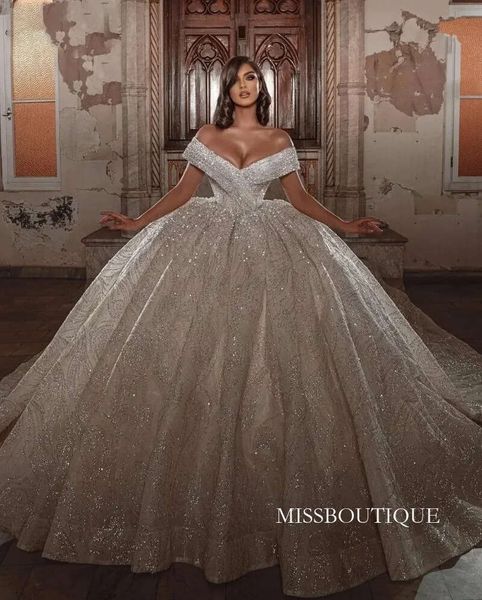 Princess Ball Gown Wedding Dresses Sequins Beading Lace Off The Shoulder Bridal Gowns Long Robe De Mariee Saudi Arabic Plus Size B0317
