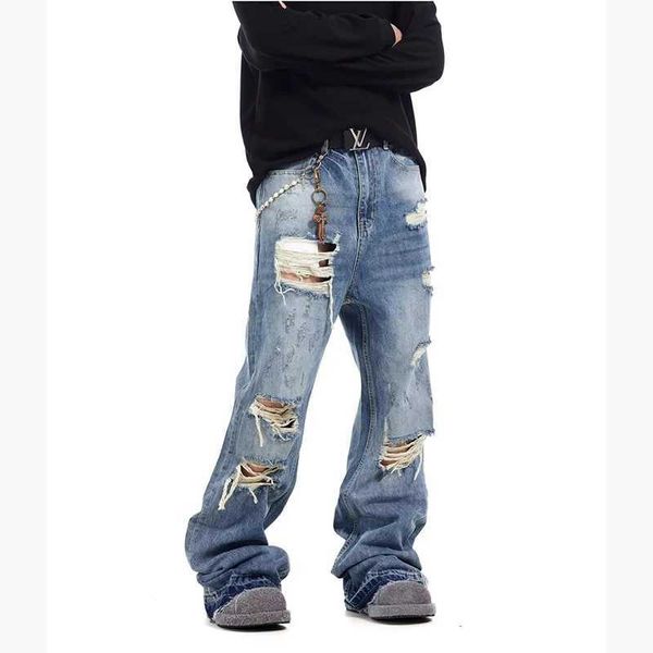 American Style Vintage Tassel Ripped Men Jeans Fashion Trend Wide Leg Loose Str…