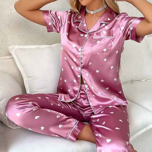 Womens Satin Short Sleeve Top And Long Pants Casual Comfort Pajama Loungewear With Heart Print Lounge Set Nightwear 2 PieceT260317
