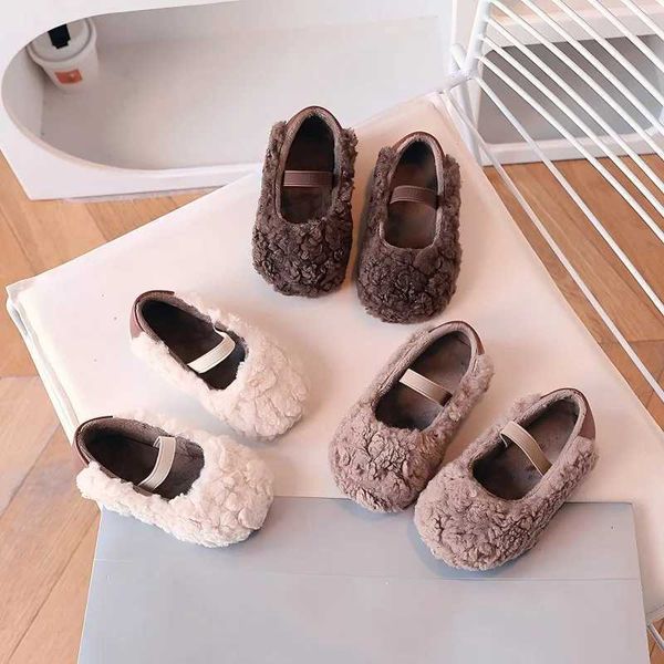 Autumn Winter Children Shoes Girls Flats Warm Fur Shoes Elastic Band Kids Mary Jane Shoes For Girl Beige Brown KhakiT260317