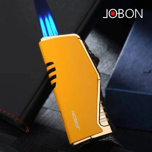 2026 Jobon Triple Torch Jet Metal Pipe Lighter With Cigar Cutter Visible Transom Windproof Flame Accessories Gadgets Men