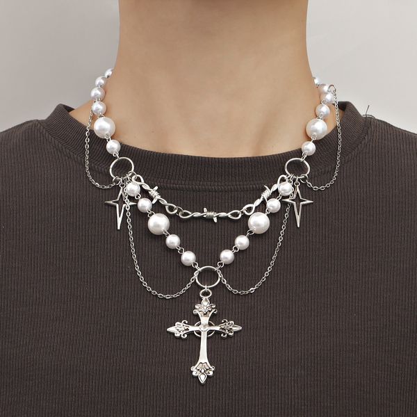 Pearl Sweater Wholesale Cross Necklace Punk Multi-layer Stacking Light Luxury Niche Clavicle Chain for Women