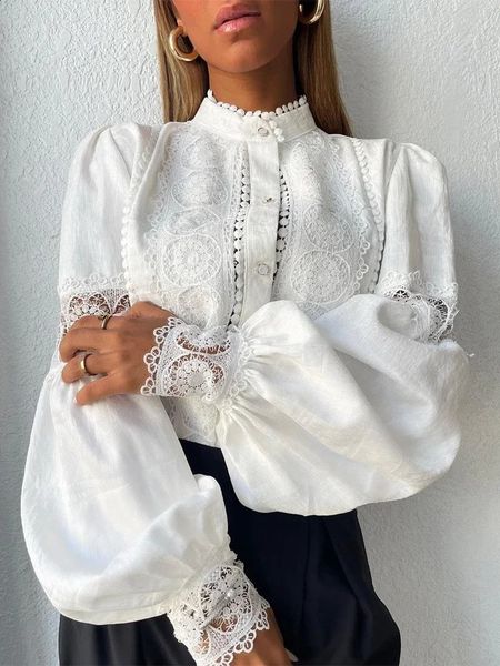 White Lace Blouses Women Elegant Solid Casual and Button Hook Flower Hollow Puff Sleeves Blouse Top Lady Office Shirts