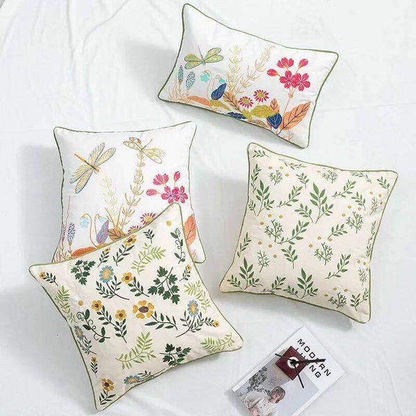 Pillow Case Spring Botanical Floral Embroidered Cushion Cover American Country Style Pillowcasecase Cotton Square Decorative Pillowcases for Sof 26Y0319