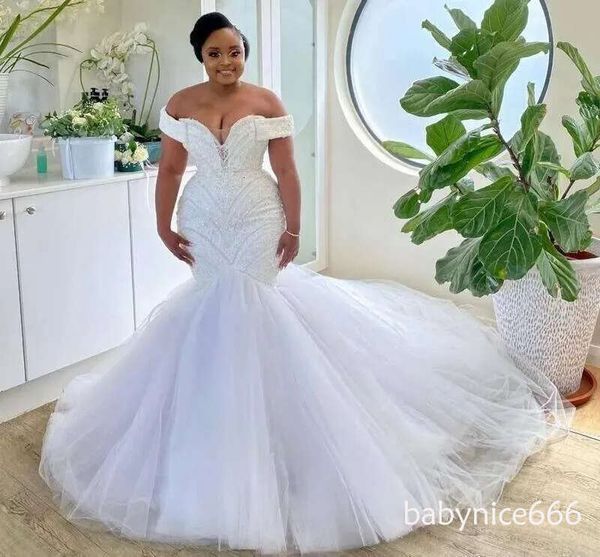 African White Dresses For Bride Mermaid Sweetheart Off Shoulder Beads Lace Dubai Women Bridal Gowns Customized