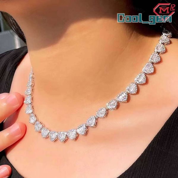 Full Iced Out Heart Shape Cluster Baguette Hiphop 925 Silver Moissanite Tennis Chain