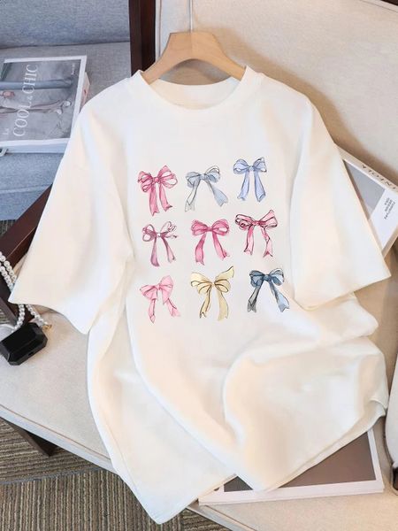 Summer T-Shirts Women's Colourful Bow Tie Printing Short Sleeve Comfortable Soft Round-Neck Tops Holiday Casual Woman's Clothes