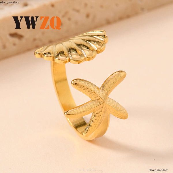 Luxury Jewelry summer ocean-themed 925 Sterling Silver 14K Gold rings for women oil-pressed starfish and shell adjustable open rings jewelry manufacturer