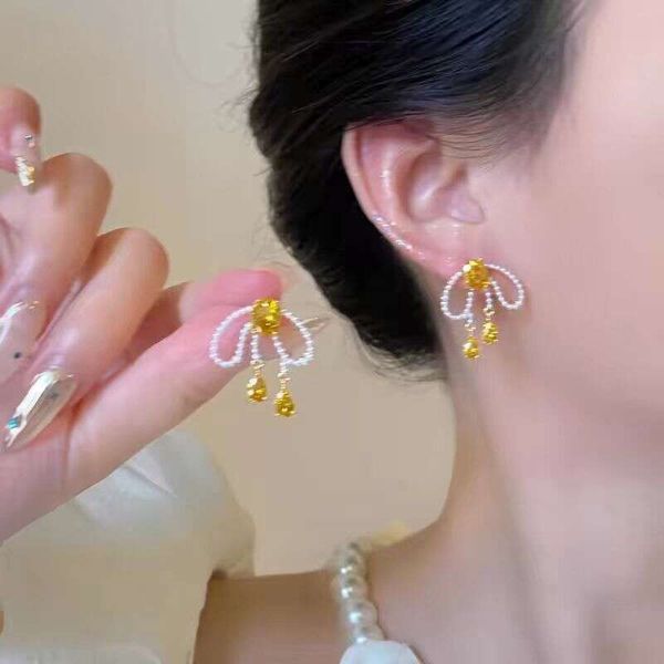 Lemon candy! Yellow zircon pearl bow earrings! French vintage high-end niche style stud earrings for women