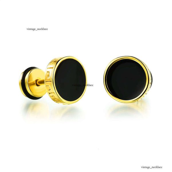 Hot Selling Men's Titanium Steel Electroplated Gold Color Great Wall Pattern Flat Round Cake Type Epoxy Earrings