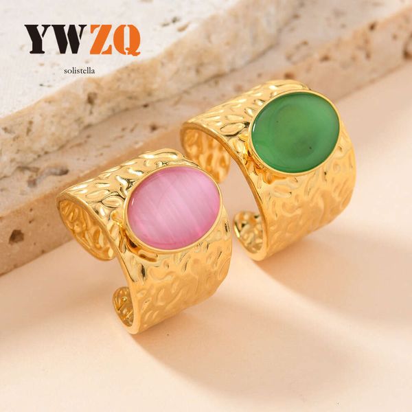 Jewelry vintage Sterling Silver 14K 18K Gold for women oil-pressed natural stone open ring high-end light luxury versatile titanium steel ring