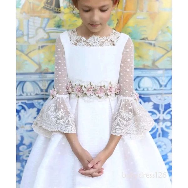 Princess A Line Jewel Neck White Girl Dresses With Sheer Long Sleeves Lace Appliques Flower Belts Kids Birthday Party Dress First Communion Gowns BC21693 ZD19