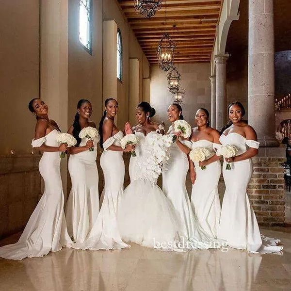 Elegant White Bridesmaid Dresses Off Shoulder Mermaid Backless Long Satin Maid Of Honor Gowns Nigerian African Girls Wedding Guest Dress Plus Size B0324