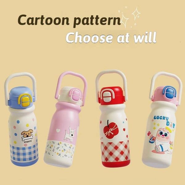 Cartoon Children's Double Drink Bouncing Straw with Handle Portable Stainless Steel Thermos Cup Water Bottles ddmydog