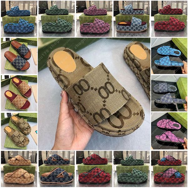 Free shipping designer g Slippers sandals women's embroidered canvas rubber Flat Mules Platform fashion brown yellow Linen women sandals platform sliders size 35-45