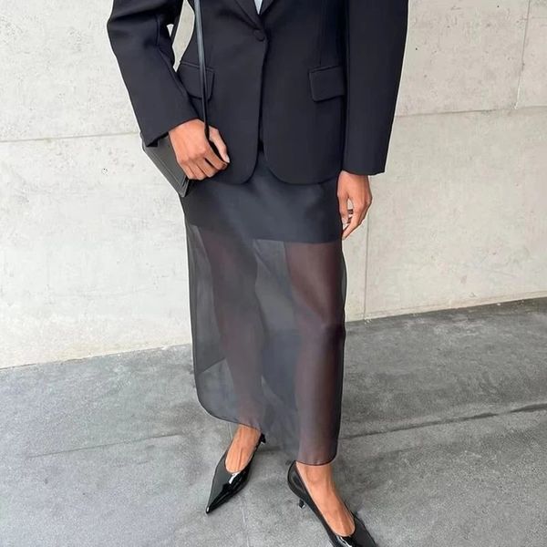 Tornova Black Mesh Skirts For Women Double-layer Sexy Perspective High Waist Slit Hip Skirt Female Thin Loose Summer