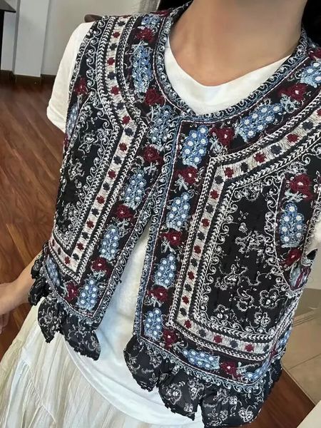 2026 Womens Vintage O-Neck Ruffles Floral Embroidery Short Vests Jackets Female Indie Folk Sleeveless Cardigan WaistCoats Tops 260325