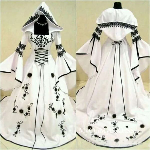 Celtic Black And White Wedding Dresses Hat A Line Unique Bridal Gowns With Exquisite Embroidery Corset Top Custom Made D0326
