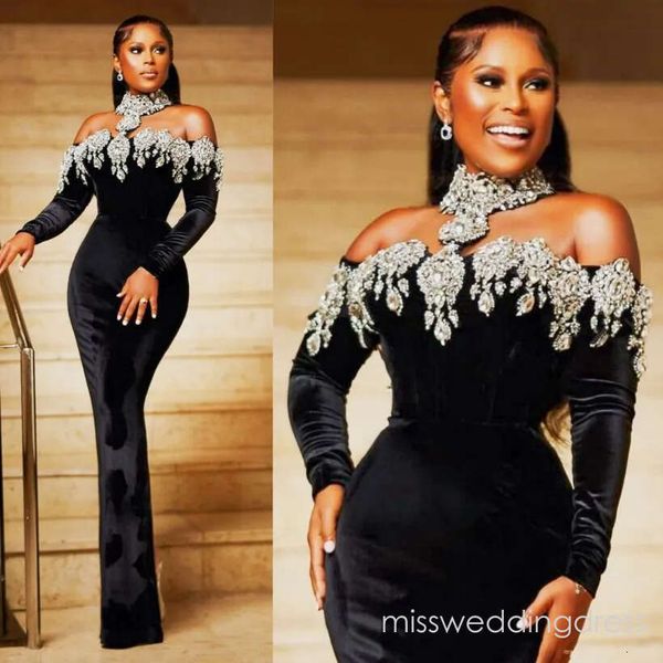 Black Evening Dresses Prom Mermaid Formal For Women Halter Velvet Long Sleeves Beaded Rhinestones Birthday Dress Second Reception Gowns Gala D10