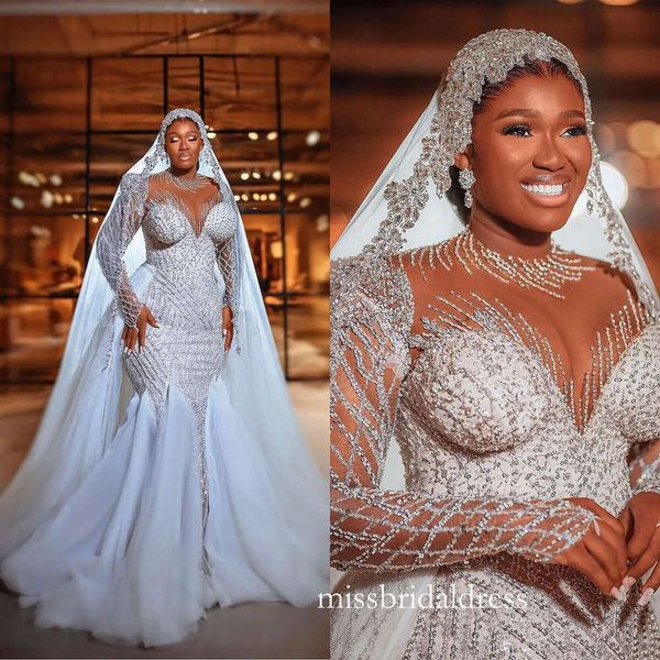 Luxury Mermaid Wedding Dresses Black Girls Illusion Jewel Neck Crystal Beading Ruffles Train Bride Gowns Vestidos De Novia Custom Made D0326
