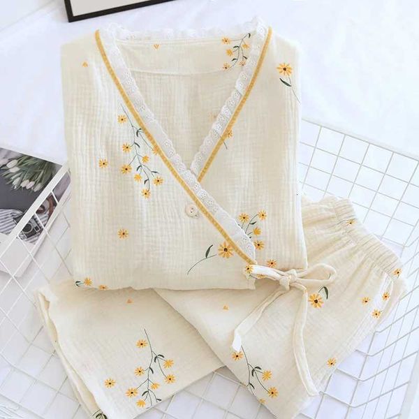 Fdfklak 2026 Spring Crepe Kimono Long Sleeve Home Clothes Female Sleepwear Gauze Cotton V-Neck Home Suit Womens Pajama C260327
