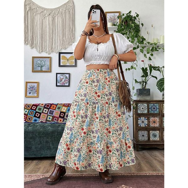 Q0268 summer new large size high waist thin A word floral skirt retro flower print skirt