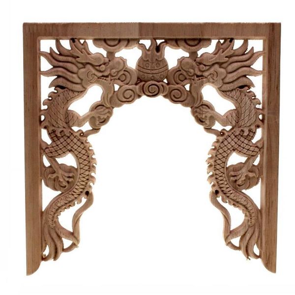 RUNBAZEF Chinese Niches Double Dragon Play Bead Floral Wood Carved Corner Applique Wooden Carving Decal Furniture Decor Crafts