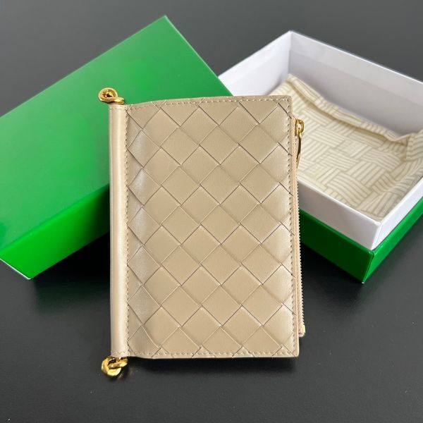 Women's Woven Genuine Leather Wallet - Braided Calfskin with Gold-Tone Hardware Small Bifold Card Holder Compact Zip-Around Purse