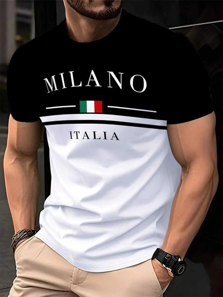 Italia Milano Letter Pattern 3D Prited Men's Tshirts Short Sleeve Casual Tops Men's O-neck T-shirt Boys Loose Streetwear