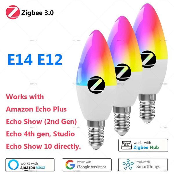 E12 E14 Base Zigbee Smart Candle Bulb lamps Led RGB Light 110 220V Led RGBCW Voice Control Works With Alexa Echo Plus Show 10 260324