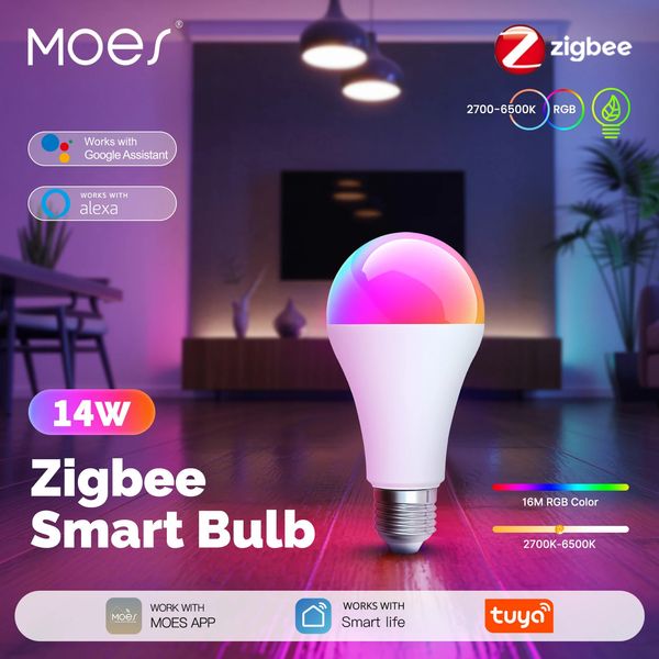 MOES Tuya Smart Zigbee LED Bulb 14W RGB CW E27 Colors Dimmable 2700K-6500K Smart Life App Adjustable Control Alexa Google Home 260324